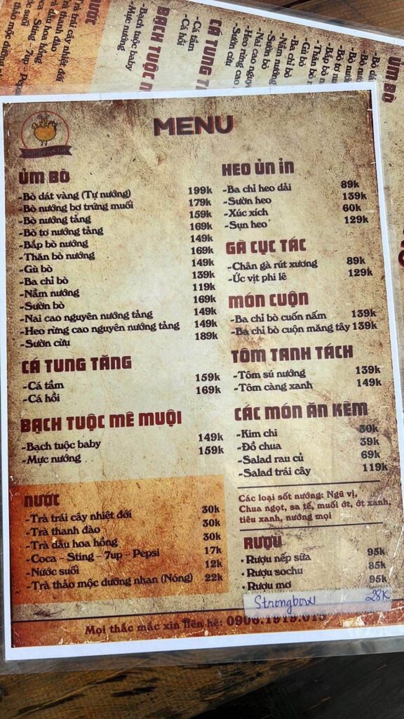 Menu tiệm gà Tuk Tuk