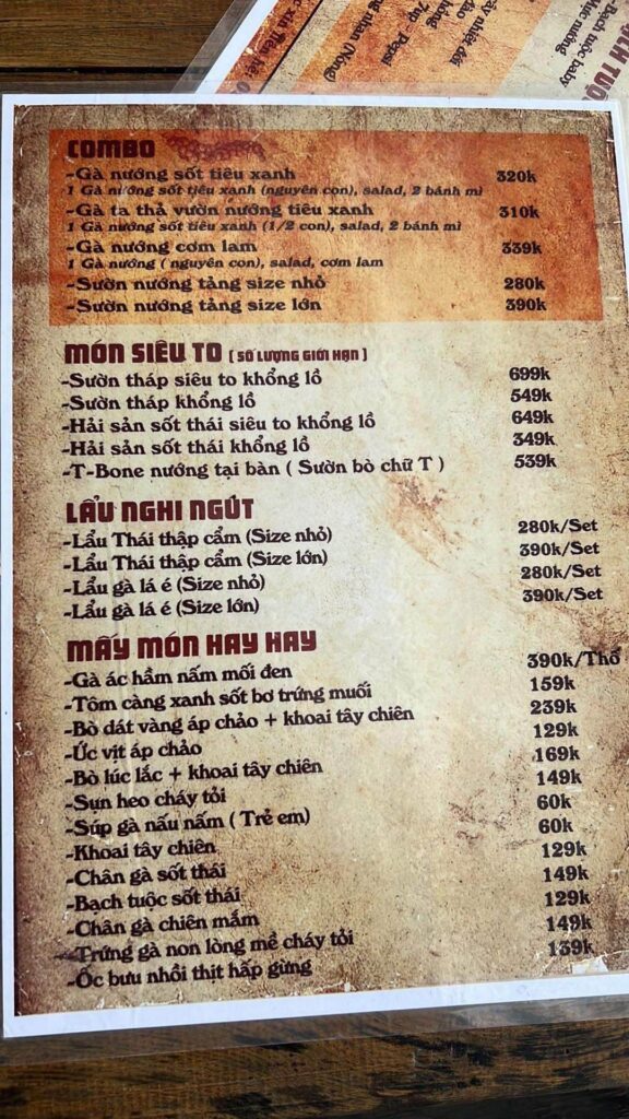 Menu tiệm gà Tuk Tuk