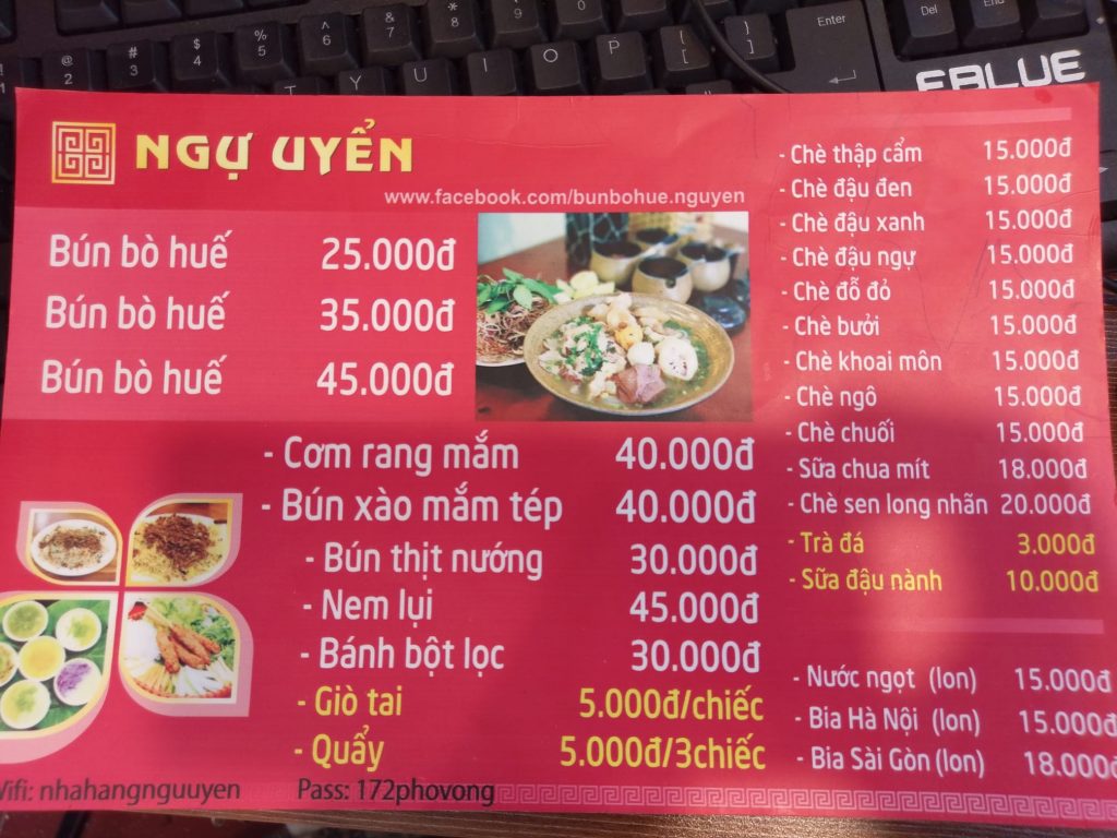 Bún bò huế ngự uyển menu