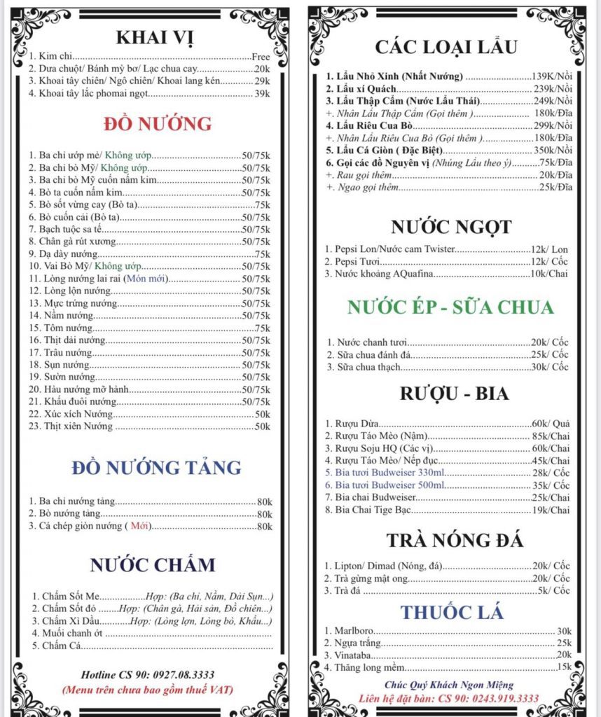 Nhất Nướng Menu