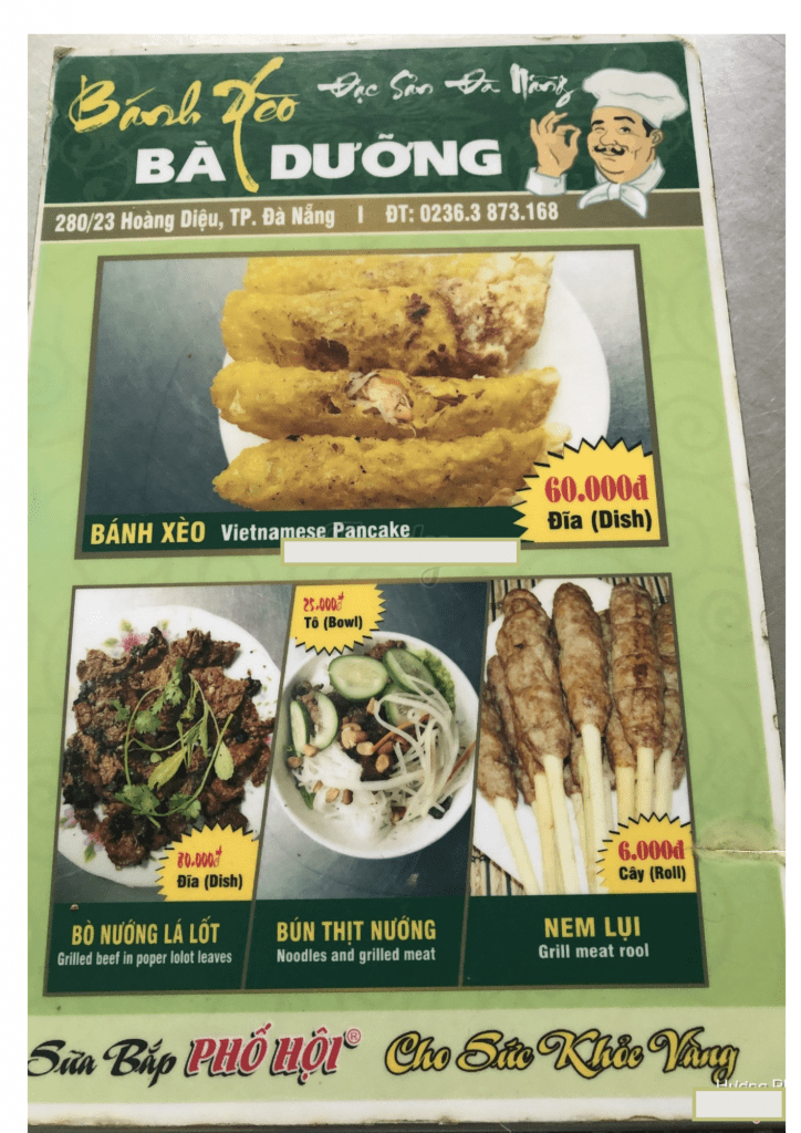 Bánh Xèo Bà Dưỡng Menu