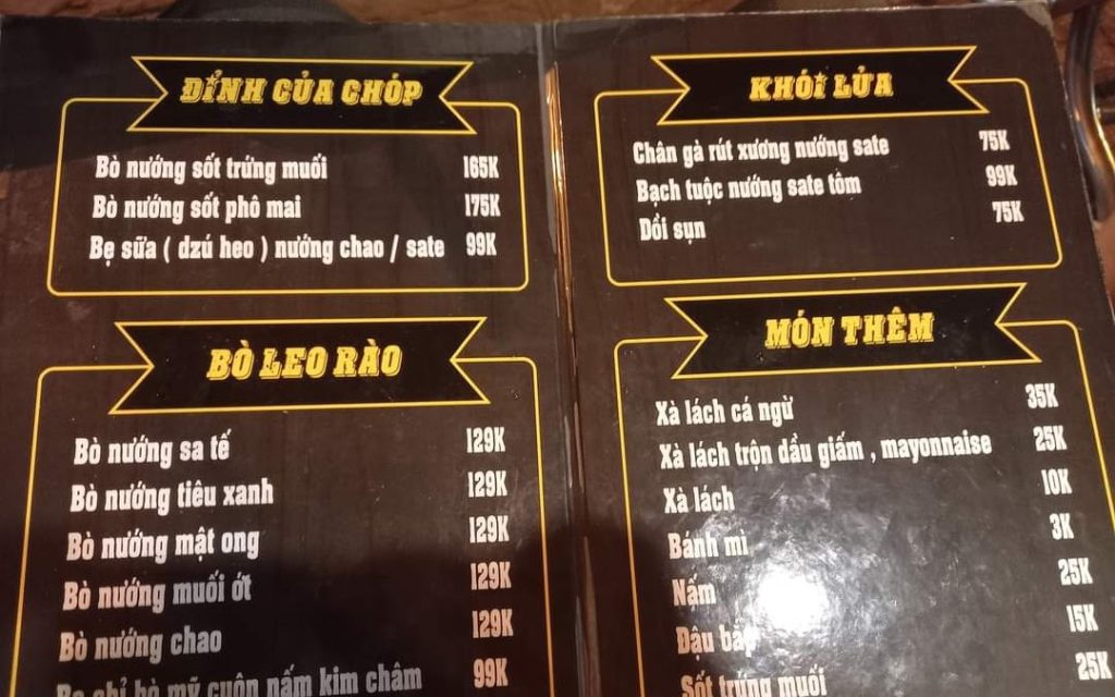 Bò Chị Ba Menu