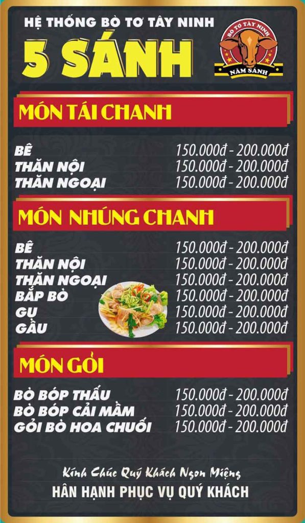 Bò Tơ Năm Sánh Menu