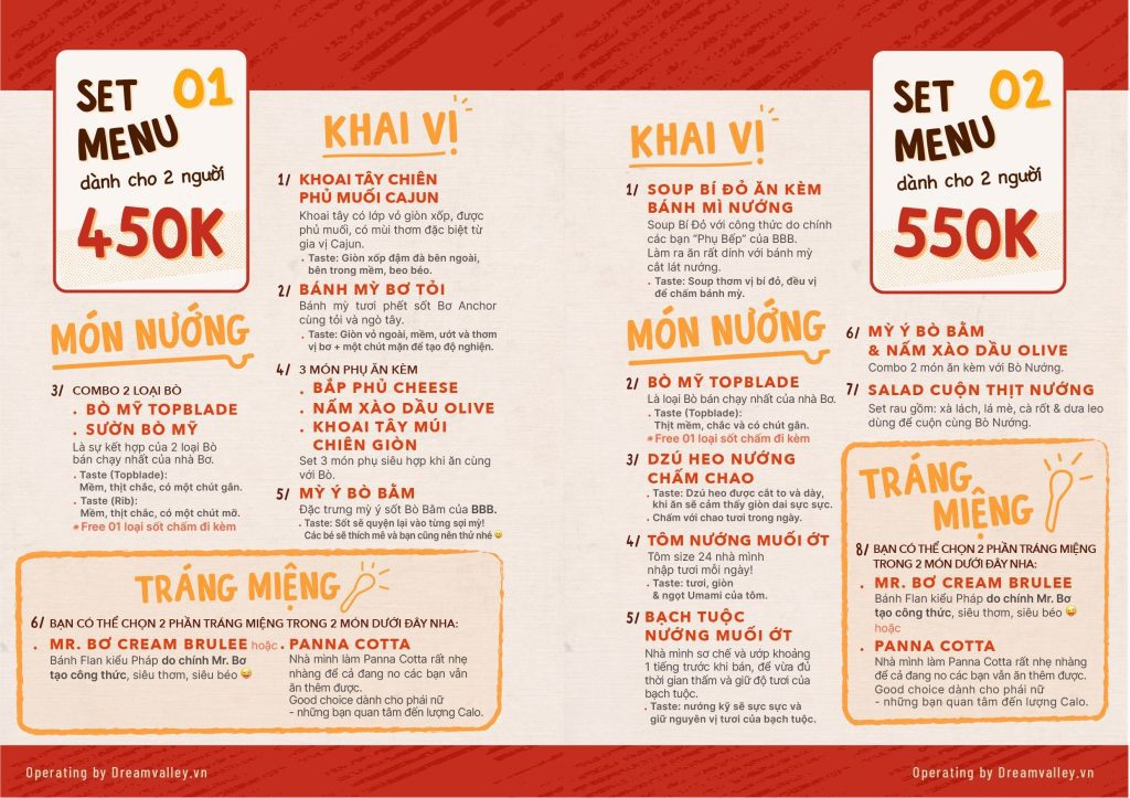 Bơ bán bò Menu