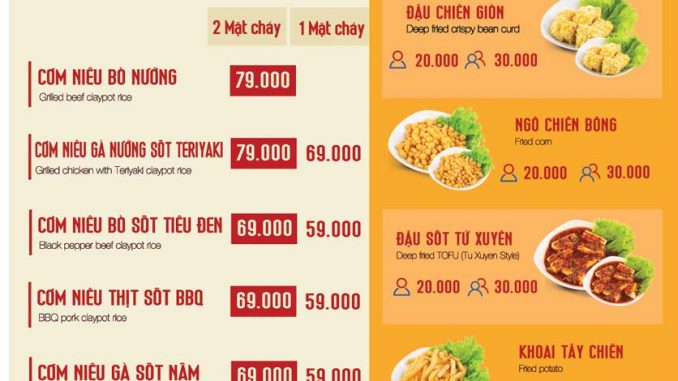 Cơm niêu singapore Menu