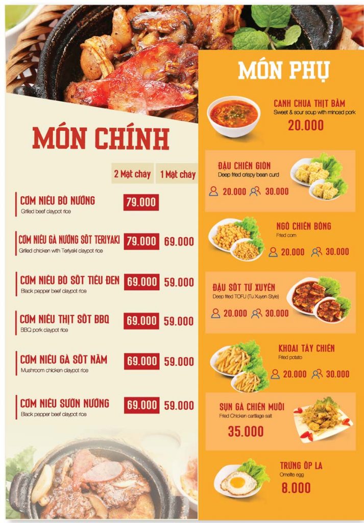 Cơm niêu singapore Menu