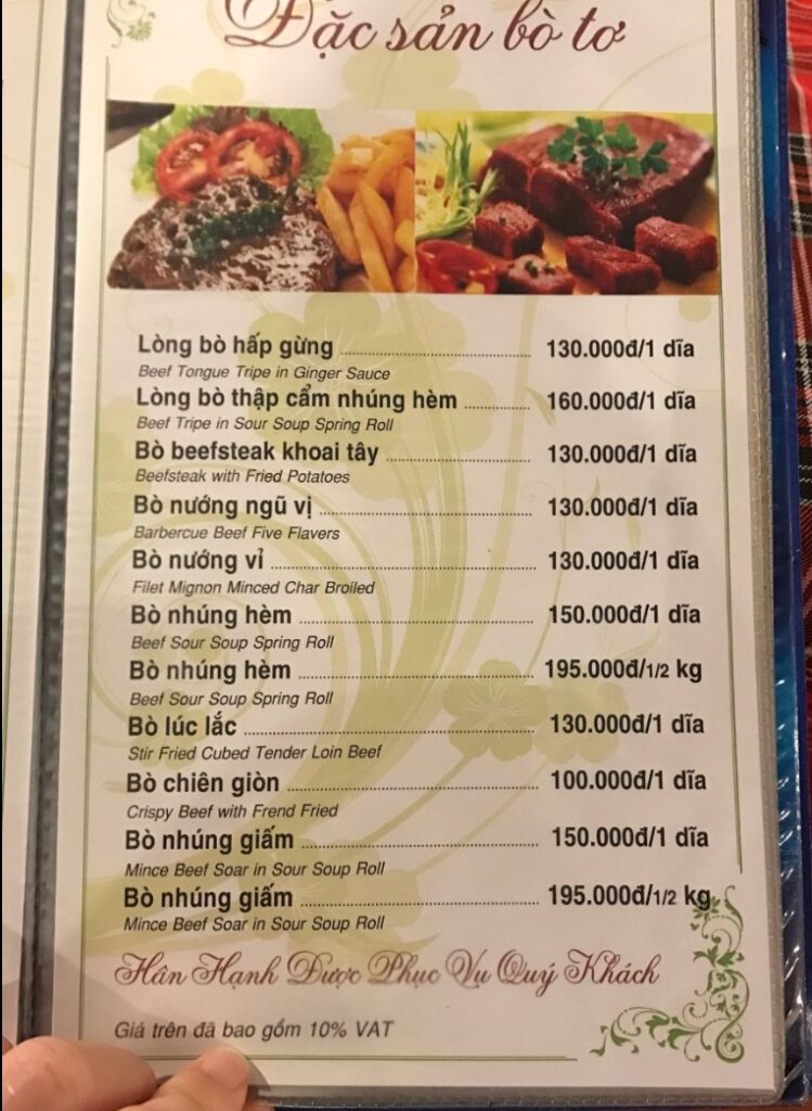 bò tơ hồng đào menu