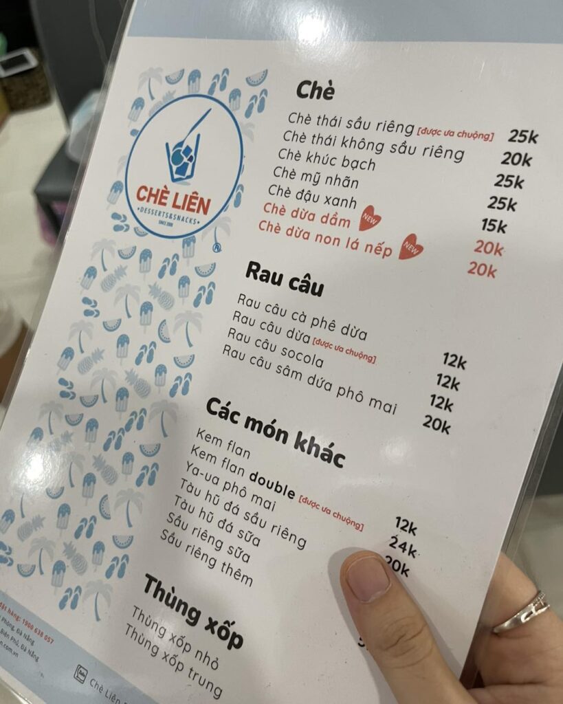 Chè liên đà nẵng menu