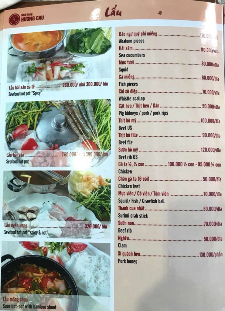 Thực đơn/ Giá/ menu nhà hàng Hương Cau 2