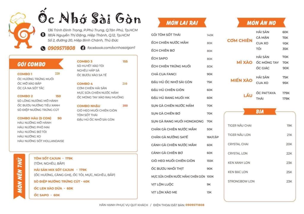 ốc nhớ sài gòn menu