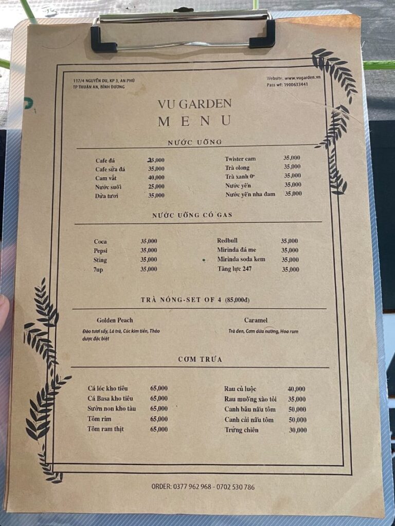 vũ garden menu