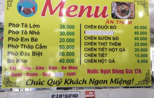 phở quỳnh menu