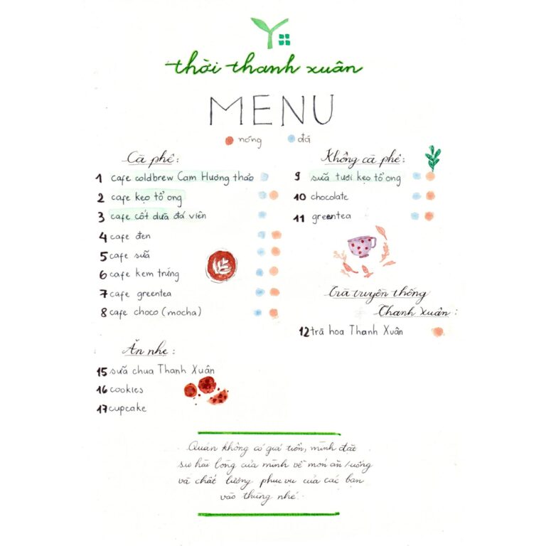 Quán của Thời Xuân Menu